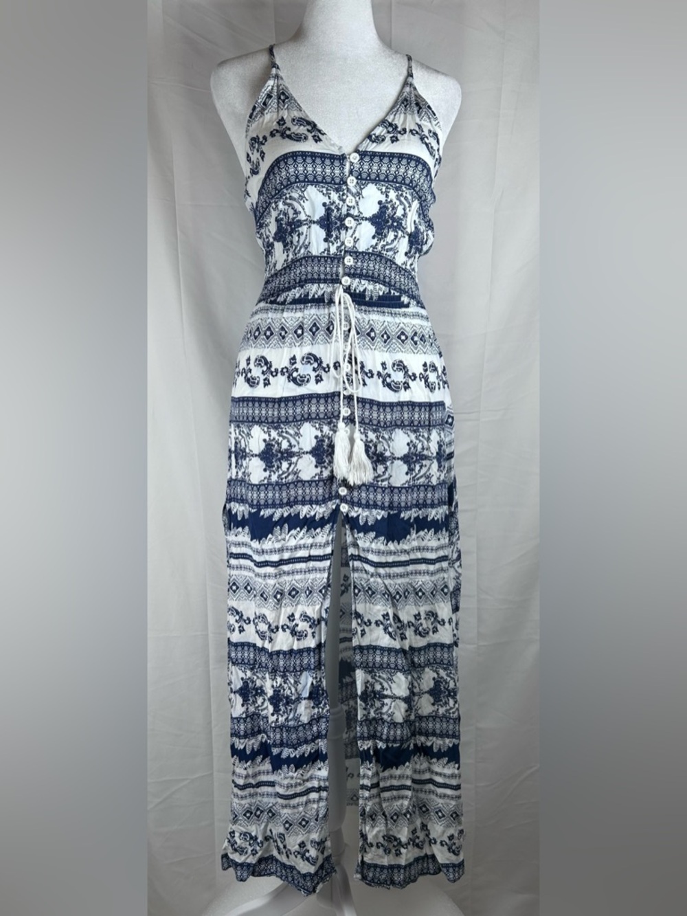 Rumor Boutique Split Maxi Dress Small Blue White Beach Cover Up Paisley